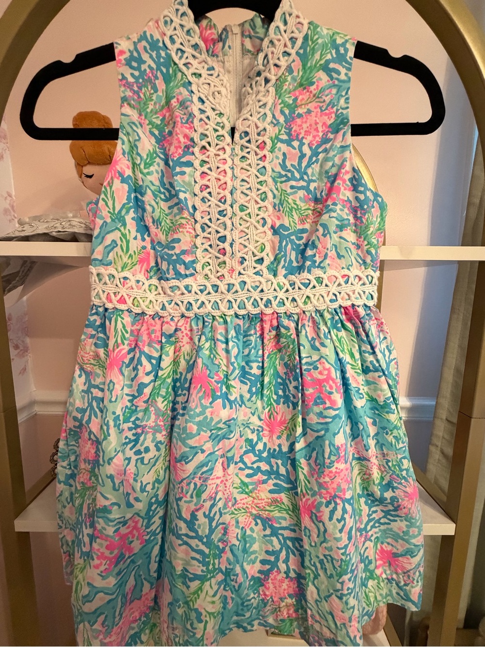 Lilly Pulitzer Girls' Sleeveless Coral-Print Dress in Aqua, Pink & Green